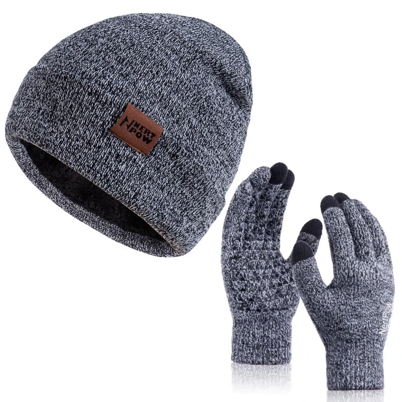 Nertpow Winter 1-3 PCS Beanie Hat Gloves Scarf for Men and Women, Knit Thick Fleece Lined Warm Touchscreen Gloves Beanie Infitiny Scarf Set (Gloves&Beanie Black White) - Image 1